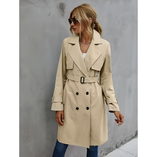 Lange trenchcoat voor dames – Tijdloze stijl – Verstelbare taille – Dubbelrijks