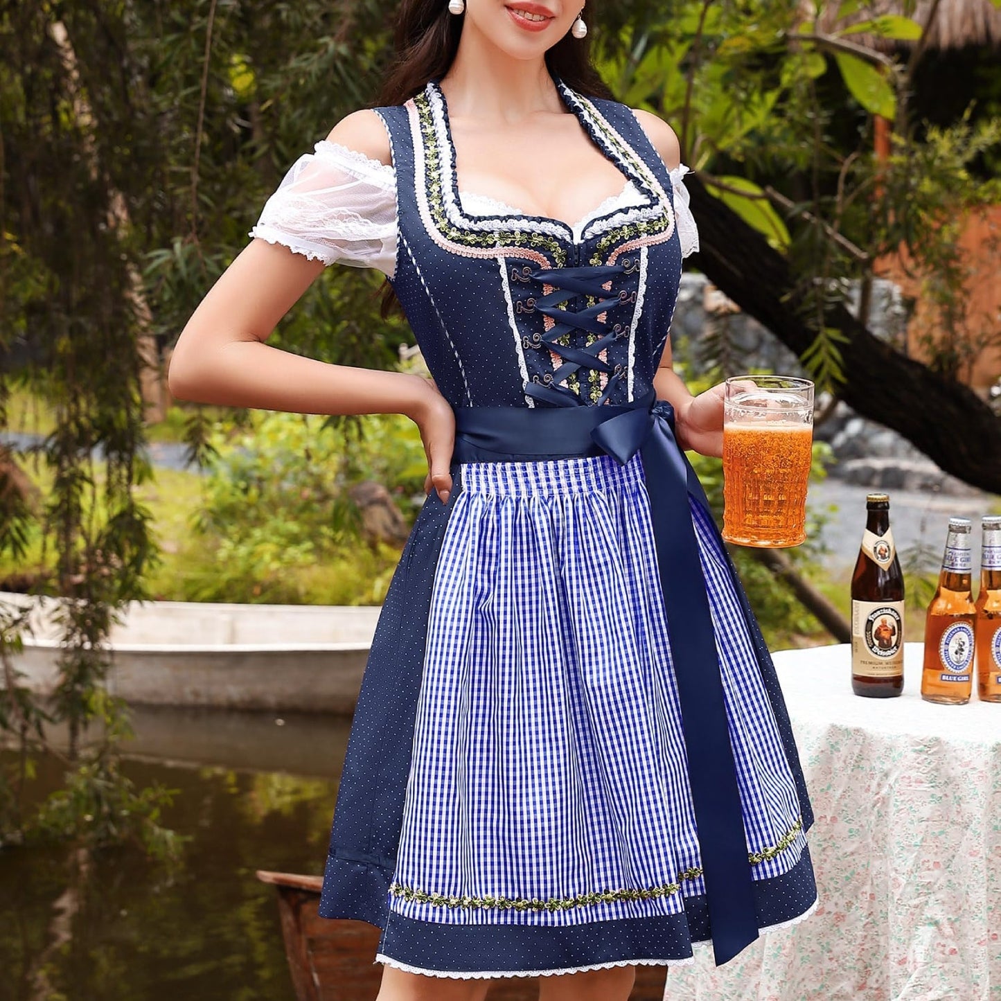 3-delige dirndl in blauw – Oktoberfest | Klassieke klederdrachtset met schort en blouse