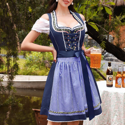 3-delige dirndl in blauw – Oktoberfest | Klassieke klederdrachtset met schort en blouse