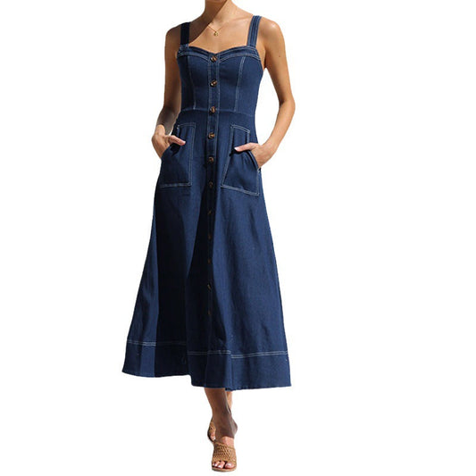 Dames Jurk - Vintage Denim - A-lijn - Spaghetti Bandjes