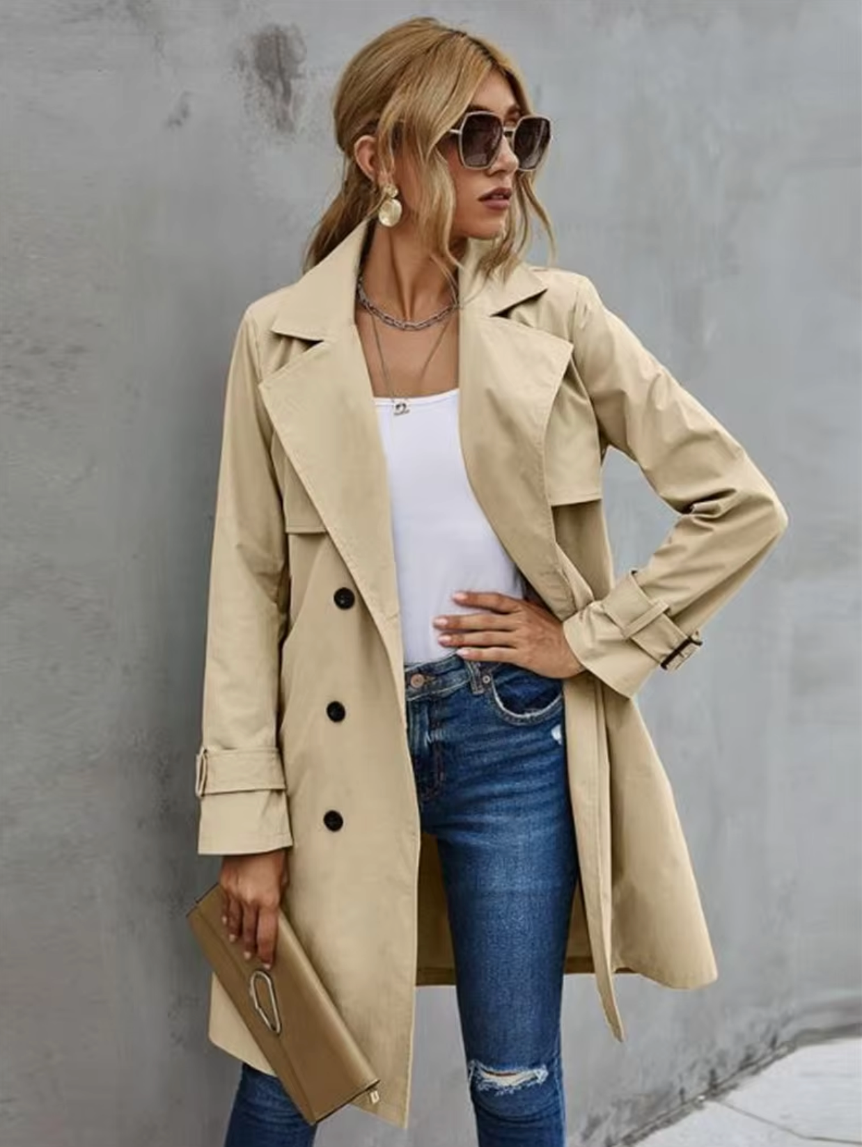 Lange trenchcoat voor dames – Tijdloze stijl – Verstelbare taille – Dubbelrijks