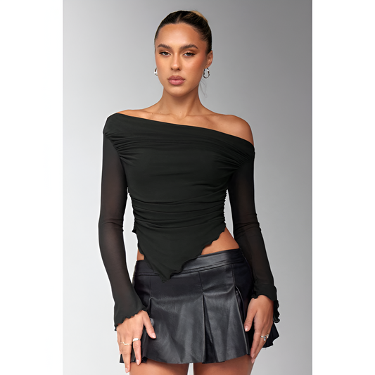 Dames top met één schouder – Geplooid ontwerp – Asymmetrische snit – Elegante stijl