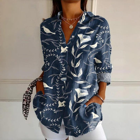 Dames Bloemen Blouse met Knoopsluiting | Casual Losvallend Overhemd met Lange Mouwen en Zakjes