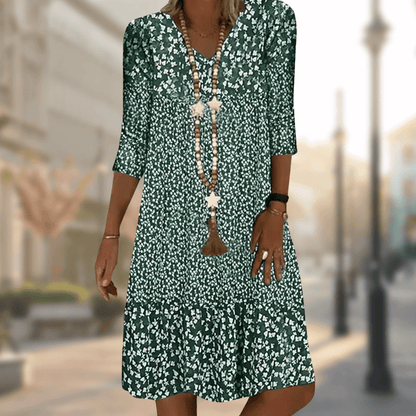 Dames Bloemenprint Boho Midi Jurk | Casual V-Hals Zomerjurk met 3/4 Mouwen