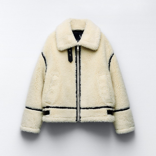 Dames Faux Shearling Ritsjas | Warme Winterjas met Contrasterende Rand