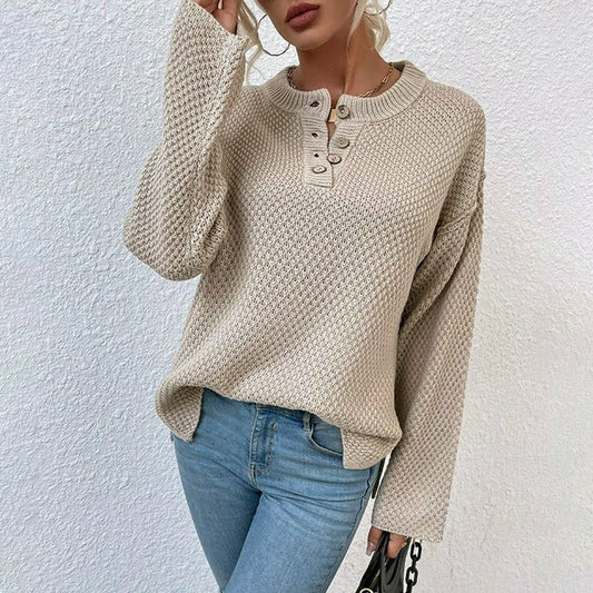 Dames Wafelgebreide Trui met Knoopsluiting | Casual Lange Mouwen Henley Pullover