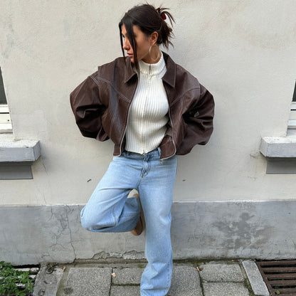 Damesjas van oversized leer look met ritssluiting - vintage-geïnspireerd overgangsjack