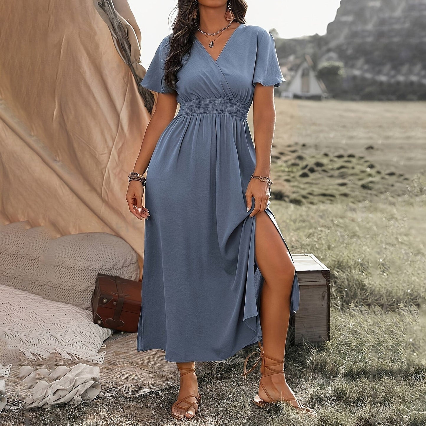 Elegante Maxijurk met Wikkel Detail – Feminiene Boho-Stijl