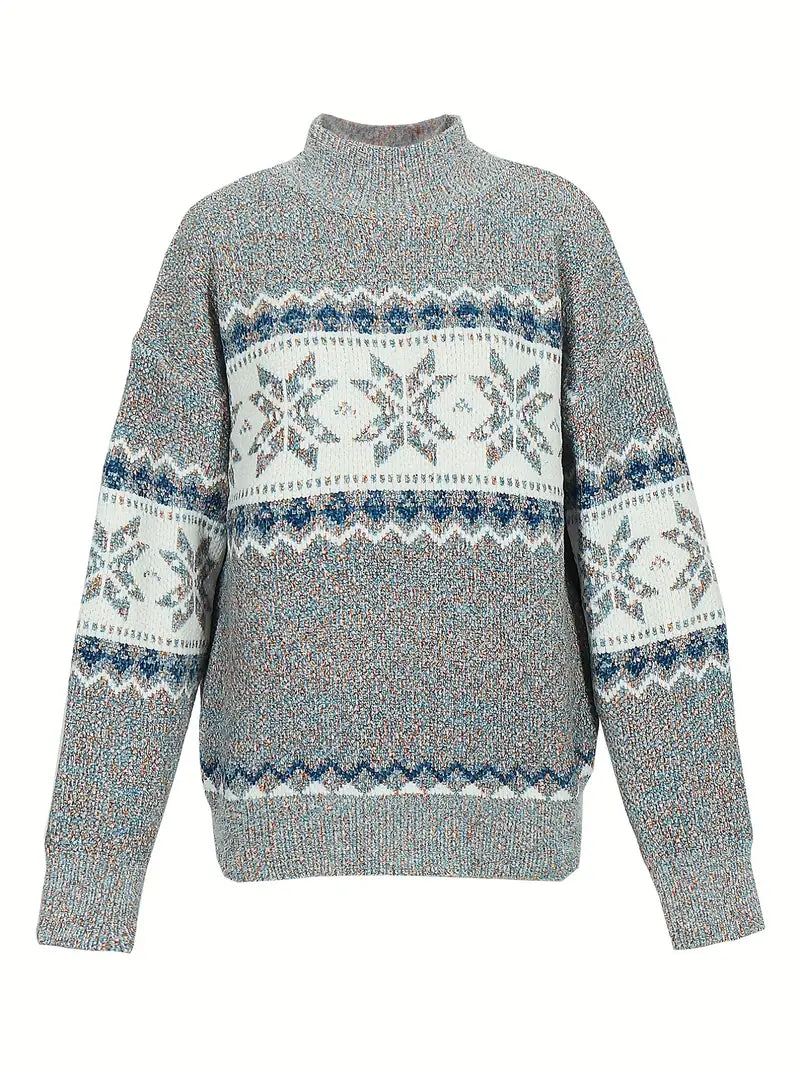 Winter Gebreide Trui met Noors Sneeuwvlokpatroon | Warme Hoge Hals Pullover