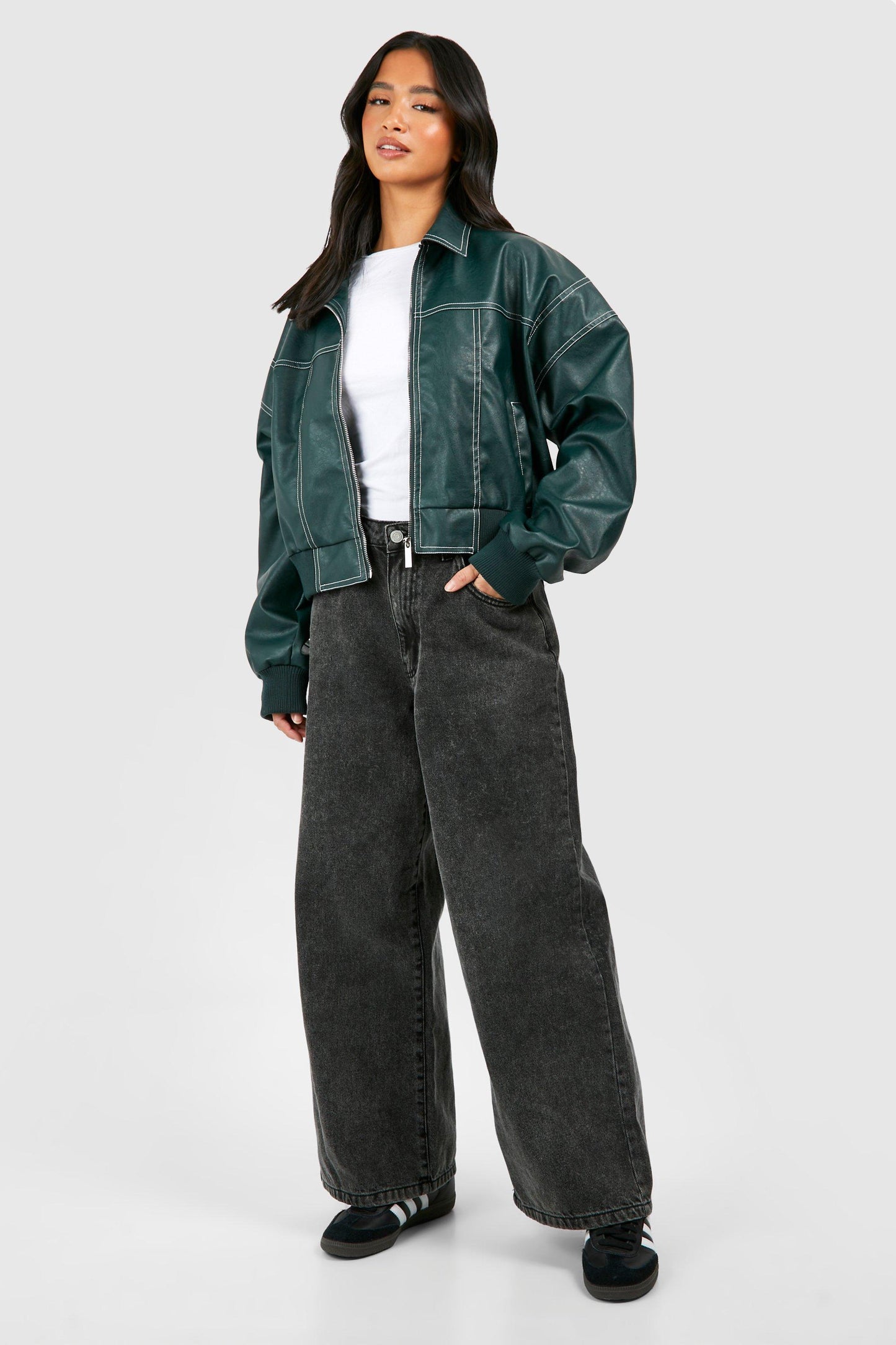 Zwart Oversized Leren Jasje Dames-6